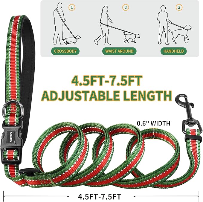 Kazazoo Hands-Free Dog Leash with Poop Bag Holder, Adjustable 4-7 Ft Waist for Dog Walking, Running for Small & Medium Dogs with Reflective Strips, Nylon Waist Belt，Red&Green