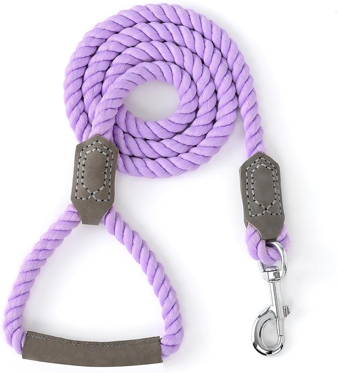 Mile High Life Dog Leash, Braided Cotton Rope Leashes with Leather Handle - Heavy Duty Metal Clasp, 5FT, 1/2" Thick - Wedding, Walking & Training Leash for Small Medium Large Dogs (Purple)