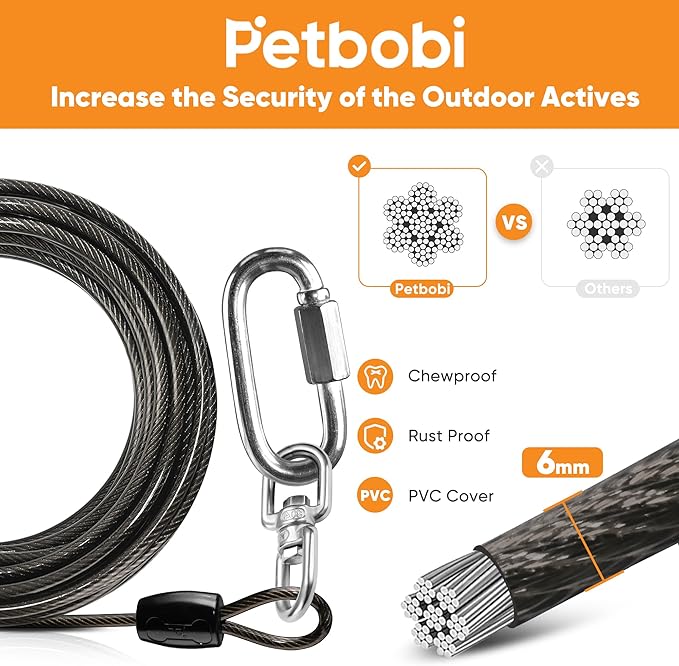 Petbobi Heavy Duty Dog Tie Out Cable and Stake - 10FT Steel Wire Dog Leads for Large Dogs Up to 300lbs, Anti Rust Spiral Stake with Strong Leash & 360° Swivel Hooks - Ideal for Yard, Outdoor & Camping