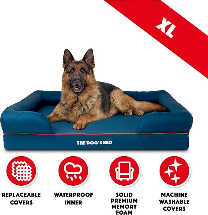 The Dog’s Bed Orthopedic Memory Foam Dog Bed with Bolsters, Oxford Fabric, Blue with Dark Red Trim, XL