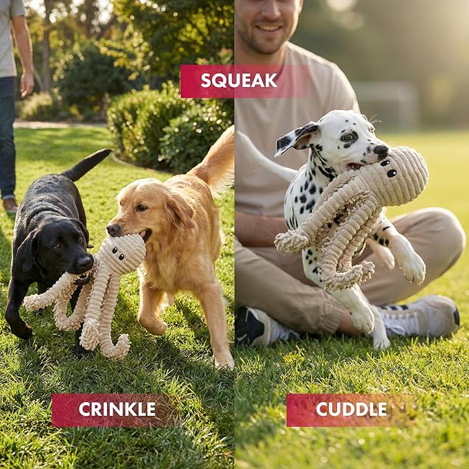 Pet Lou 100% Natural Nubby Plush Dog Toy with Squeaker and Crinkle Paper, Durable Octopus Plush Squeaky Toy for Indoor and Outdoor Play, Large 18 Inch
