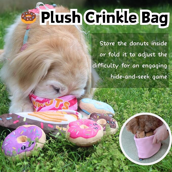 Donut Snuffle Toys, Squeaky Crinkle Interactive Dog Toys, Dog Enrichment Treat Puzzle for Boredom and Mental Stimulation, Puppies, Small and Medium Dogs (Plush Bag)
