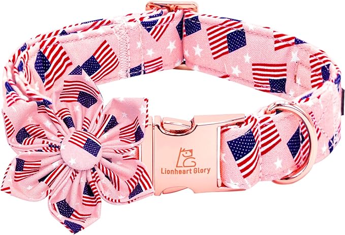 Lionheart glory American Flag Dog Collar 4 of July Dog Collars with Flower Independence Patriotic Dog Flower Collars Heavy Duty Adjustable Collar Flower for Medium Dogs Pet Gift