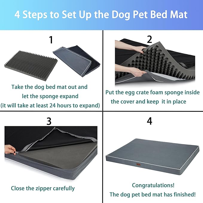 Dog Bed Mats for Large Dogs - Orthopedic Dog Pet Bed Thick Egg Foam Crate, Removable Washable Cover, Non-Slip Bottom Durable Dog Crate Bed Mat (Dark Gray, L(36''x27''x3''))