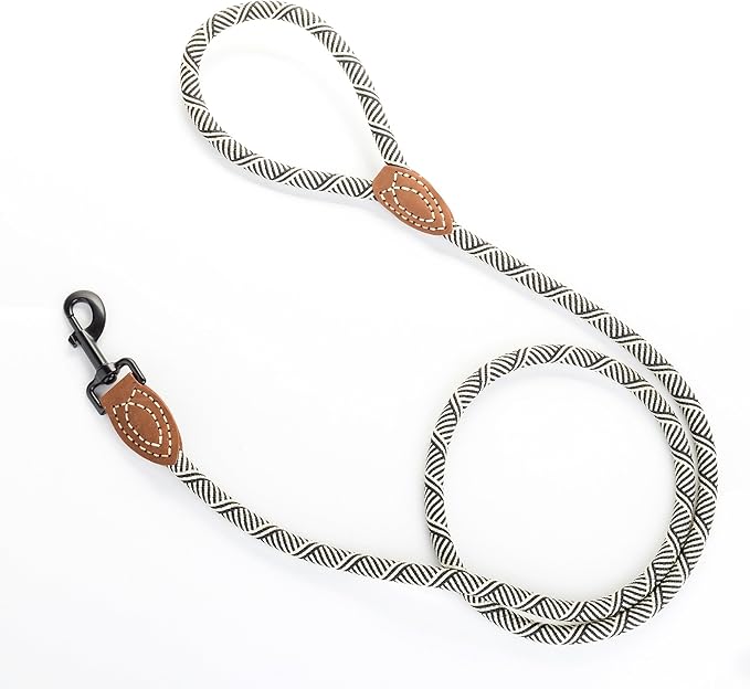 Mile High Life Rope Leash with Genuine Leather Connection, 6 FT/5 FT/4 FT, Heavy Duty Leash for Medium & Large Dogs (Black Beige, 60 Inch)