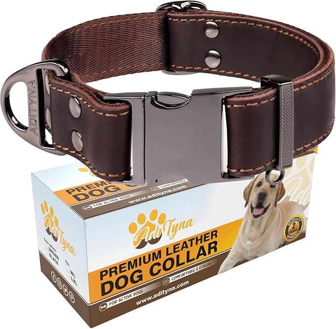 ADITYNA Leather Dog Collar with Metal Buckle - Heavy-Duty, Adjustable for Medium & Large Dogs - Walking, Training, Hiking (Brown, Fits 15-21" Necks)