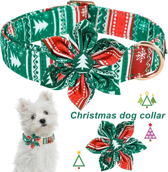 ARING PET Christmas Dog Collar, Cute Folk Xmas Red Green Detachable Flower Pet Collars with Metal Buckle for Puppy Small Medium Large Boy Girl Dogs-L