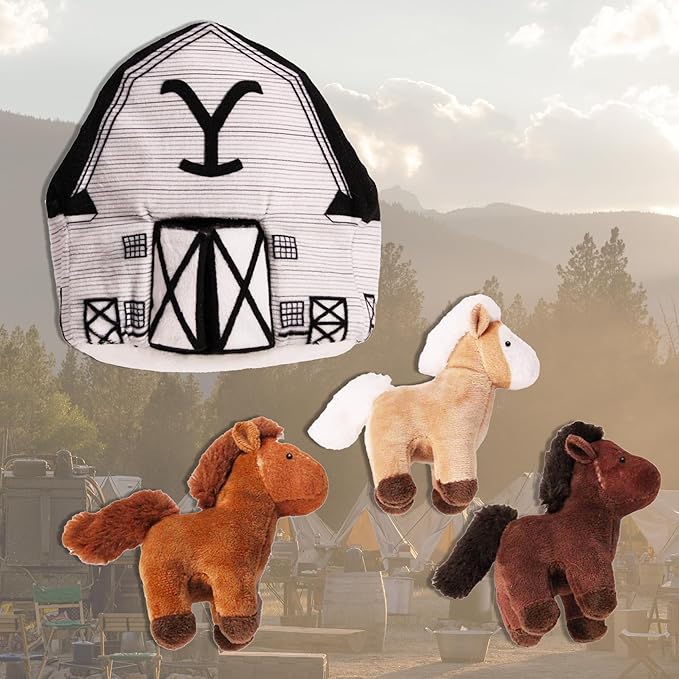 design LAB, Inc. Official Yellowstone Merchandise | Dog Plush Toys | Yellowstone Nesting Toy Barn with Horses | Squeaky Stuffed Animal Horse Gift Set