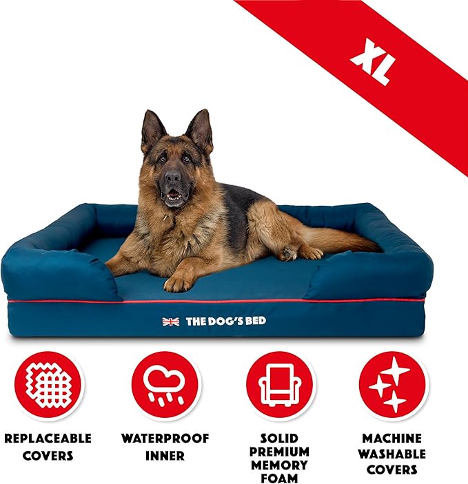 The Dog’s Bed Orthopedic Memory Foam Dog Bed with Bolsters, Oxford Fabric, Blue with Dark Red Trim, XL
