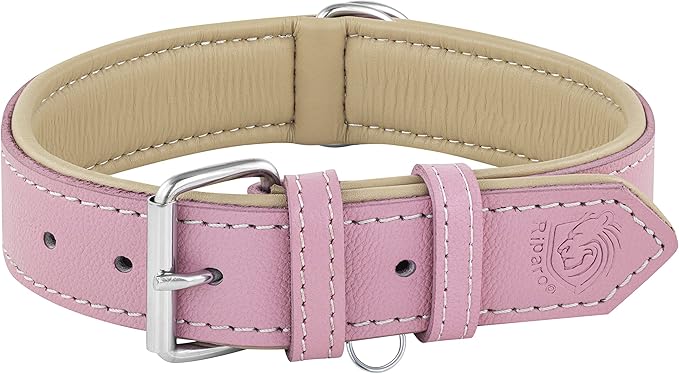 Riparo Adjustable Leather Dog Collar - Heavy Duty Wide Dog Collar for Small, Medium, Large and Extra Large Dogs with Dog Tag Holder (XXL: 2” Wide for 26”-29” Neck, Pink)