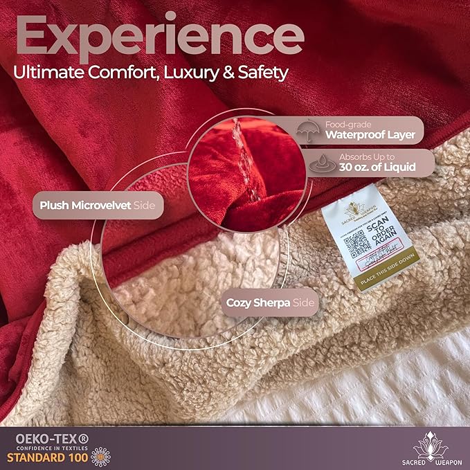 Sacred Weapon Waterproof Blanket for Bed Intimacy – Mini Sherpa & Fleece Throw – Waterproof Blanket for Couch, Absorbent & Leak Proof – Love Blankets for Couples Intimacy Waterproof – Dark Red, 40x45