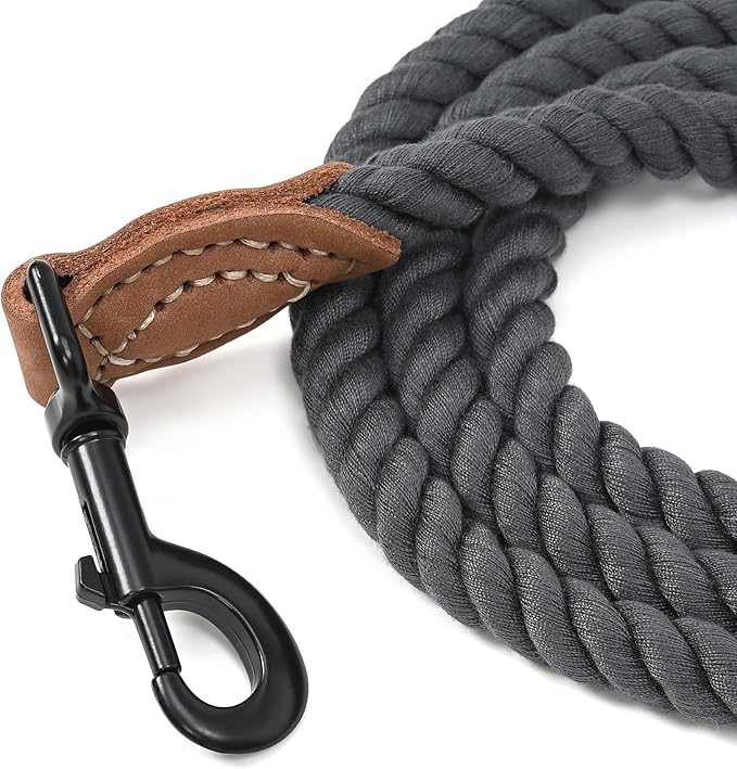 Mile High Life Dog Leash, Braided Cotton Rope Leashes with Leather Tailor Tip with Leather Tip - Heavy Duty Metal Clasp, 6FT, 1/2" Thick - Wedding, Walking for Medium Large Dogs(Dark Gray)