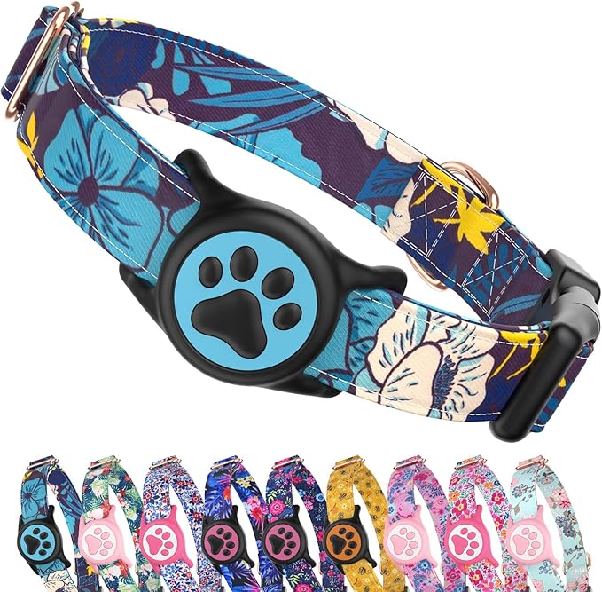 WhoseID Airtag Dog Collar,with Waterproof airtag Holder，Original Stylish Cute Pattern Design.QR Code ID Buckle，Comfortable Soft Cotton for Small Medium Large Dogs