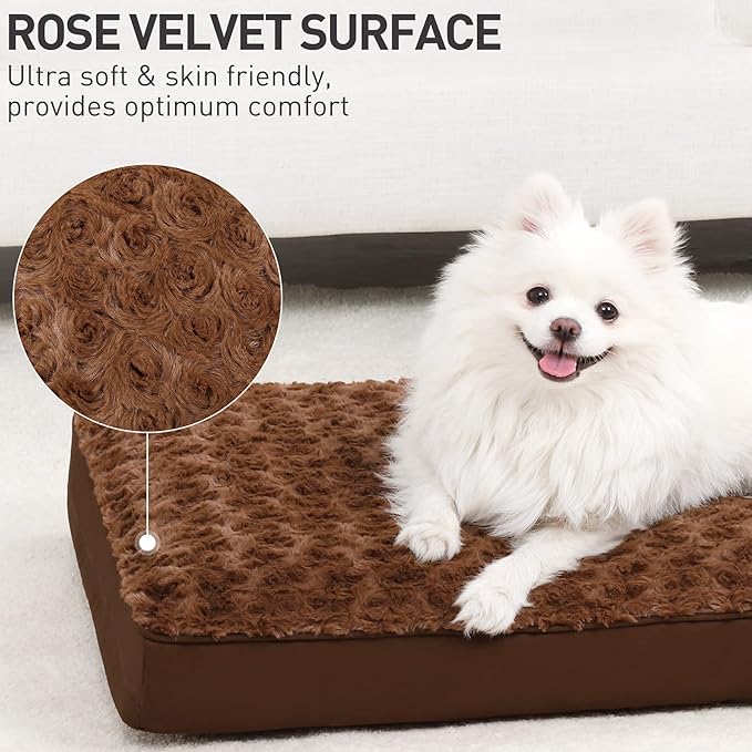 Dog Crate Bed Waterproof Dog Beds for Medium Pets Rose Velvet Soft Fluffy Washable with Removable Cover & Anti-Slip Bottom, 29 x 18 Inch, Brown