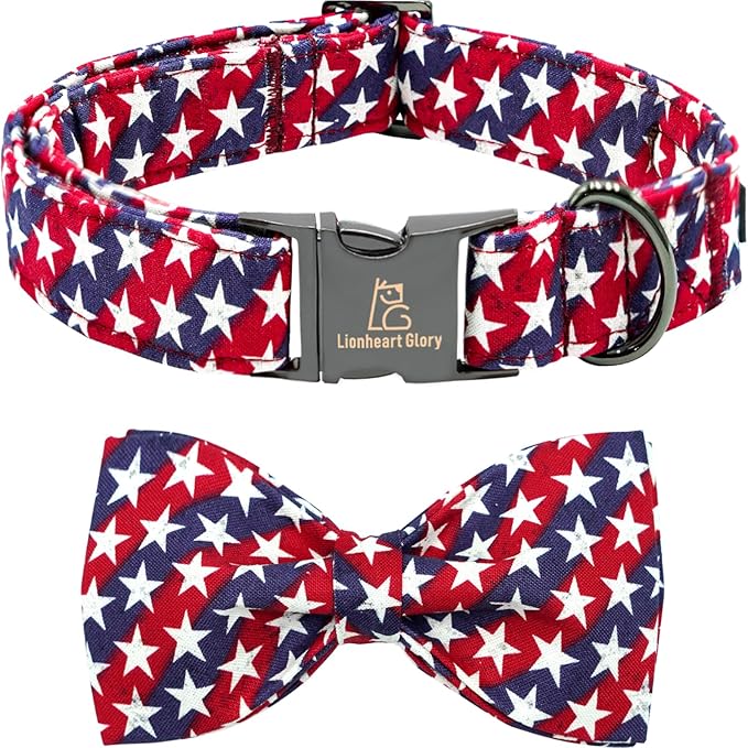 Lionheart glory American Flag Dog Collar 4 of July Independence Patriotic Dog Bow Collars Heavy Duty Adjustable Soft Collar with Bowtie for Medium Dogs Pet Gift
