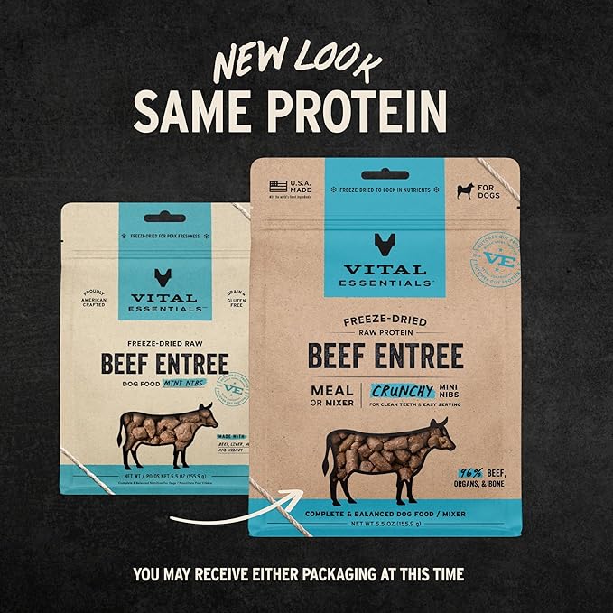 Vital Essentials Freeze Dried Dog Food, Raw Beef Crunchy Mini Nibs | Complete Meal or Mixer | High Protein, Low Carb, Grain Free, Dry Dog Food | 5.5 oz