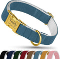Personalized Dog Collar with Gold Metal Buckle, Velvet Custom Dog Collars for Small, Medium & Large Dogs – Puppy Collars with Metal Buckle, 4 Sizes, 8 Colors (Denim, S, 9"-12")