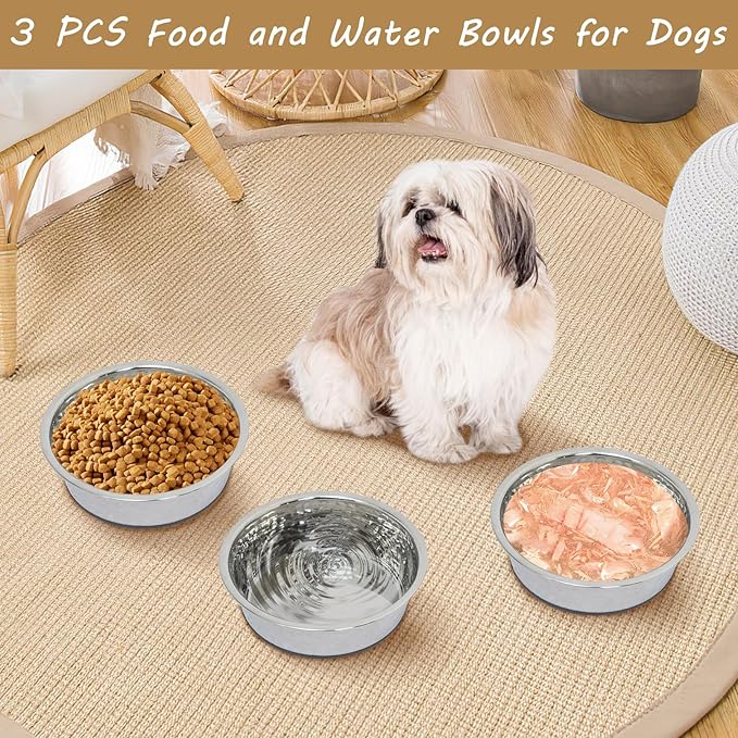 kathson 3PCS Stainless Steel Dog Bowls with Rubber Bottom,Non Slip Cat Bowls Hammered Metal Pet Food and Water Dishes for Kitten Puppy and Small Sized Animals,Dishwasher Safe (5.5in)