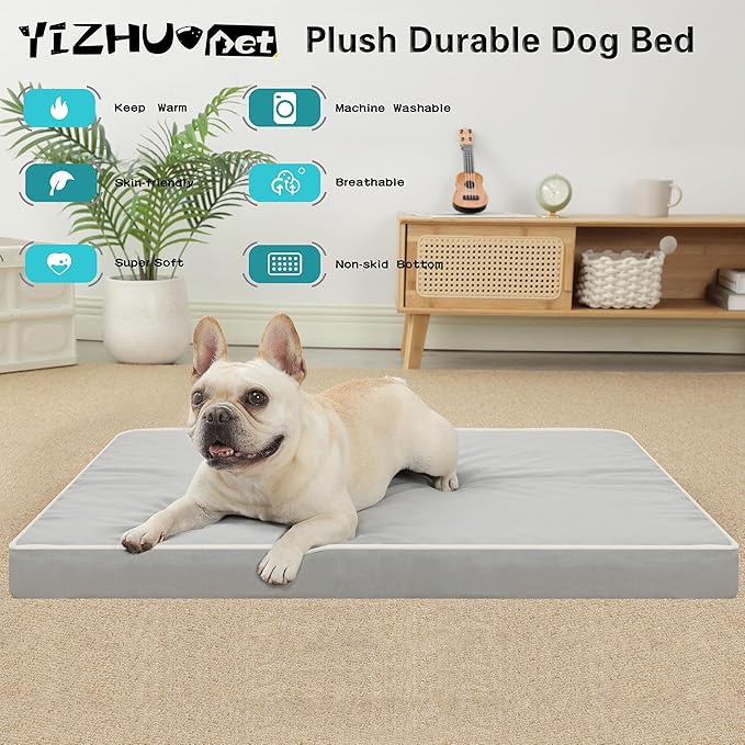 Dog Bed Mats for Large Dogs - Orthopedic Dog Pet Bed Thick Egg Foam Crate, Removable Washable Cover, Non-Slip Bottom Durable Dog Crate Bed Mat (Light Grey, L(36''x27''x3''))