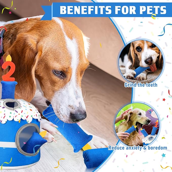 Dog 2nd Birthday Cake Toy Squeaky Interactive Dog Toy Hide and Seek Plush Dogs Puzzle Puppy Toys for Boredom Keep Them Busy for Small Medium Dogs(Blue)