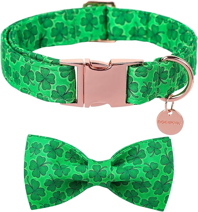 DOGWONG St. Patrick's Day Dog Collar-Cute Clovers Dog Collar with Bow, Cotton Trefoil Bowtie Dog Collars with Metal Buckle for Small Medium Large Dogs