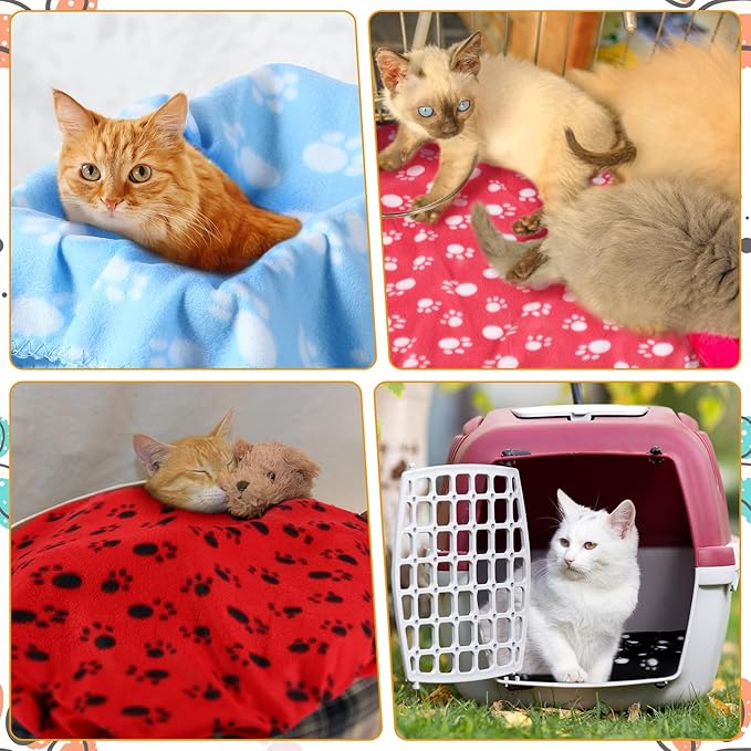 Tegeme 12 Pieces Fleece Blankets for Pets Dog Puppy Paw Print Cat Bedding Cover Blanket for Small Animals Pig Cage Liner Sleep Mat Pad Kitten Soft Warm(Cute Style,12 x 12 Inches)