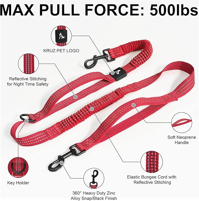 Kruz Hands Free Dog Leash (Waist 26”- 48”, Leash- 1”x 5ft) Premium Waist Belt for Walking, Running, & Hiking, Bungee with Dual Handles, Adjustable Fit, Reflective Safety Design for Large Dogs (Red)