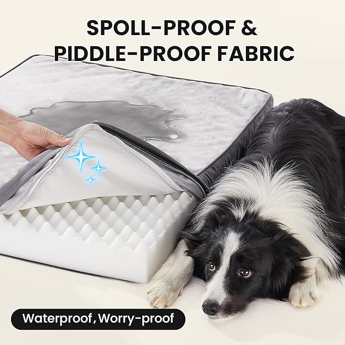 OhGeni Orthopedic Waterproof Dog Bed for Medium Large Dogs, Machine-Washable Removable Cover in Easy-Clean Fabric, High Density Foam & Easy-Carry Handle, Wider and Larger, 36 inch (Gray)