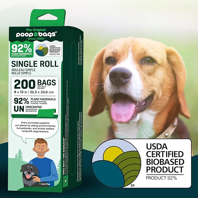 The Original Poop Bags® 92% Plant-Based Dog Waste Bags, USDA Certified Biobased, Extra-Large & Leak-Proof, Single Bulk Roll (200 Count (Pack of 1))