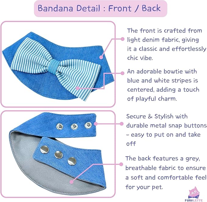 Denim Dog Bandana – Striped Bowtie, Soft & Durable Pet Scarf with Adjustable Metal Snap Buttons for Dogs & Cats (Blue, X-Large)