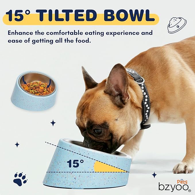 bzyoo 16oz Tilted Dog Bowl for Small Dogs & Cats, 15° Elevated Stainless Steel Pet Feeder, Ergonomic Anti-Vomiting Food Bowl for Frenchie, Pug, Persian Cat, Non-Skid Melamine Stand, Sprinkle (Blue)