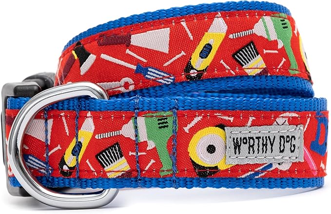 THE WORTHY DOG Collar for Small Dogs, Adjusts 9-15 inches, Durable Nylon Webbing, Quick Release Buckle, Tools Pattern, Red, Small