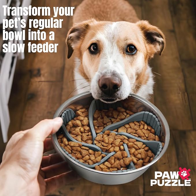 Palz&Co Paw Puzzles Slow Feeder Dog Bowl Insert - 5" Round Silicone Insert for Medium Pet Bowls, Purple - Promotes Healthier Eating & Mental Stimulation, Dishwasher & Freezer Safe