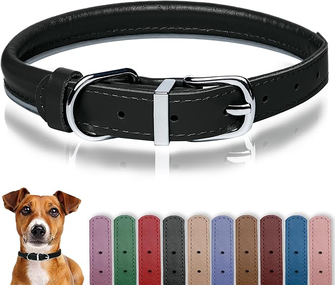 OOPSDOGGY Rolled Leather Dog Collar Reflective Roll Collars for Small Medium Large Dogs Puppy (Black, XL, 17'' - 21'')