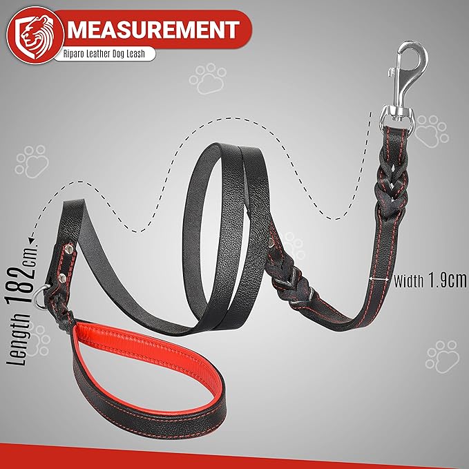 Riparo Leather Dog Leash 6ft with 2 Handles Padded Handle for Extra Control, Leather Dog Leashes for Small Medium Breed Dogs Training Walking Leather Leashes for Dogs (Black/Red Thread, M: 1/2" x6ft)
