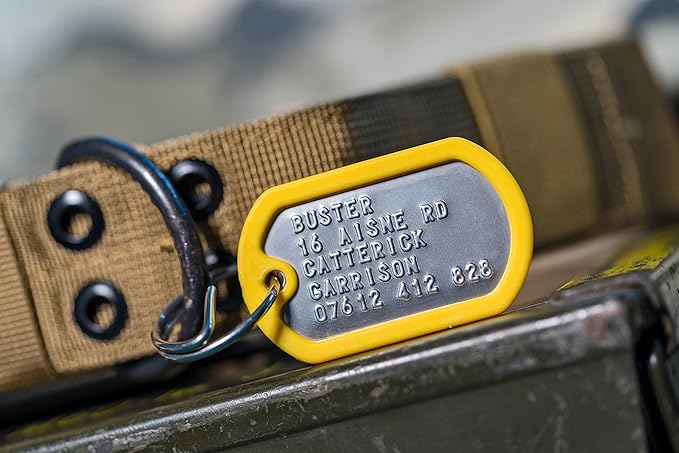 Dog Tags for Dogs, Custom Dog Collar ID Tag Personalized for Pets - Super Tough, Quiet Embossed Military Style Stainless Steel Dog Name tag (Yellow)