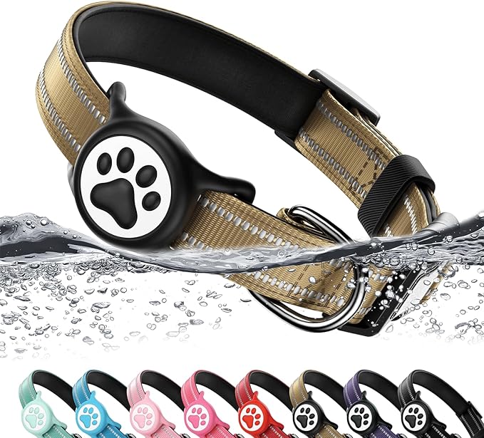 Airtag Dog Collar, Reflective Ultra-Durable Nylon Padded with QR Code Buckle & IP68 Waterproof Air Tag Holder Compatible for Apple AirTag, Comfortable for Small Medium Large Dogs(Brown,M)