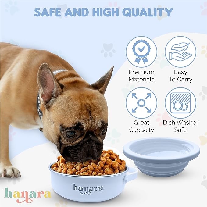 HANARA 2-in-1 Insulated Dog Bowl with Collapsible Lid & Handle – Stainless Steel, Non-Slip Rubber Base – Portable Pet Water & Food Bowl for Dogs & Cats – 30 OZ + 20 OZ – Indoor & Outdoor (Blue)