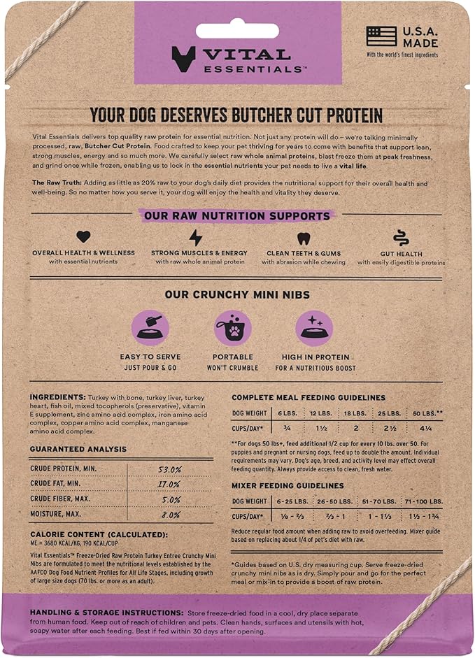 Vital Essentials Freeze Dried Dog Food, Raw Turkey Crunchy Mini Nibs | Complete Meal or Mixer | High Protein, Low Carb, Grain Free, Dry Dog Food | 5.5 oz