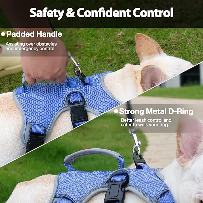 Huntboo Escape Proof Dog Harness, Escape Artist Harness, Reflective Dog Harness with Handle, Durable,Adjustable Vest for Small Medium Large Dogs Walking, Training, and Running Gear(Technicolor Blue,S)