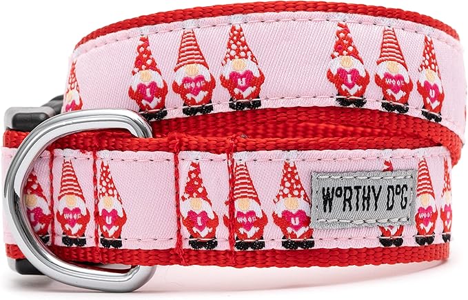 THE WORTHY DOG Collar for Large Dogs, Adjusts 18-24 inches, Durable Nylon Webbing, Quick Release Buckle, Cupid Gnome Pattern, Red, X-Large