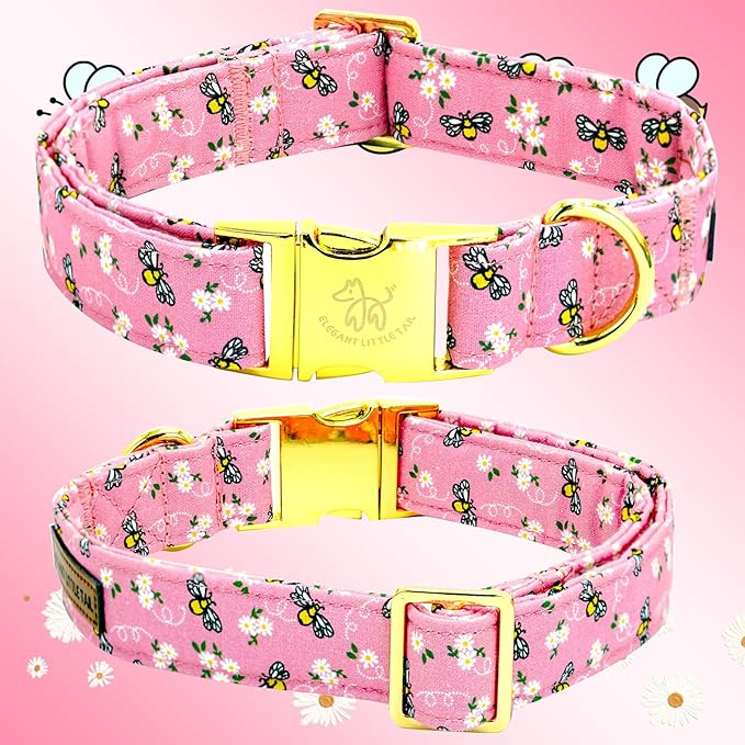 Elegant Little Tail XS Dog Collar, Spring Floral Bees Print Cotton Soft Adjustable Collar with Handmade Bowtie for X-Small Dogs