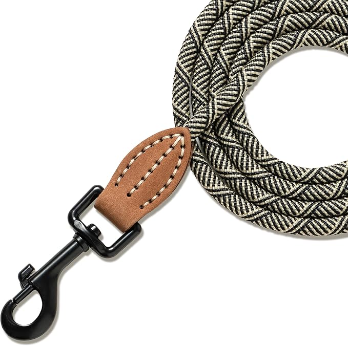 Mile High Life Small Dog Leash, Thin Rope Leash with Genuine Leather Connection and Heavy Duty Metal Clasp, Great for Small Medium Dogs(White,72 Inch-1/3)