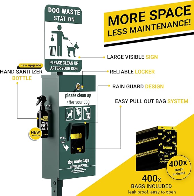 Pet Waste Station - Includes 400 Pull Out Bags & 50 Can Liners - Original Glow in the Dark Dog Waste Station with Dog Poop Sign, Bag Dispenser, Hand Sanitizer Bottle & Outdoor Trash Can with Lid