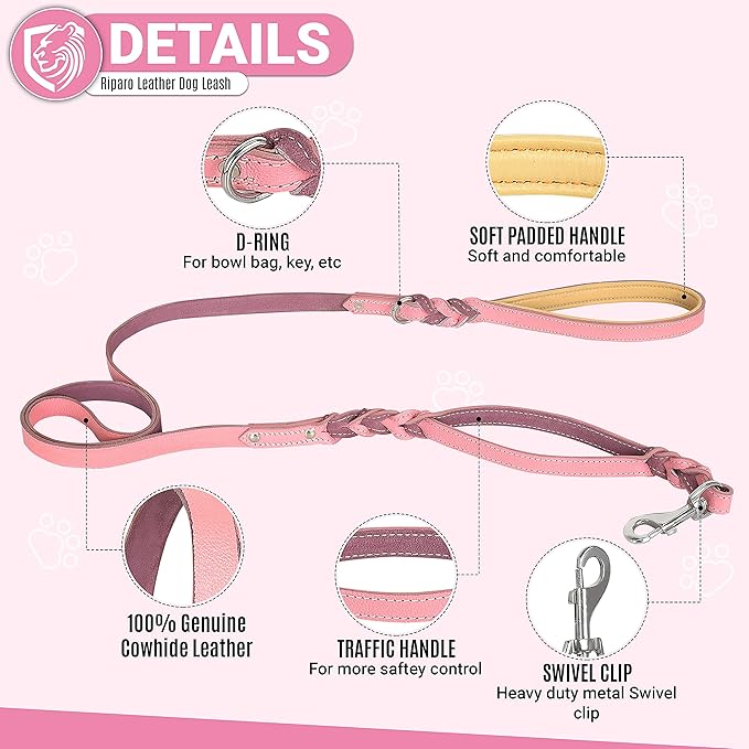 Riparo Leather Dog Leash 6ft with 2 Handles Padded Traffic Handle for Extra Control, Leather Dog Leashes for Large Breed Dogs Training Walking Heavy Duty Leashes for Dogs (Pink, L: 3/4" x6ft)