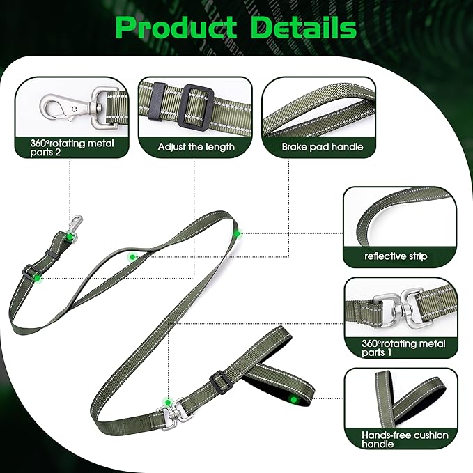 Hands-Free Dog Leash, Heavy Duty No-Pull Training Lead w/Anti-Tangle, Double Padded Traffic Handles Adjustable 4-4.6FT & Reflective Thread for Medium Large Dogs for Running/Walking Green