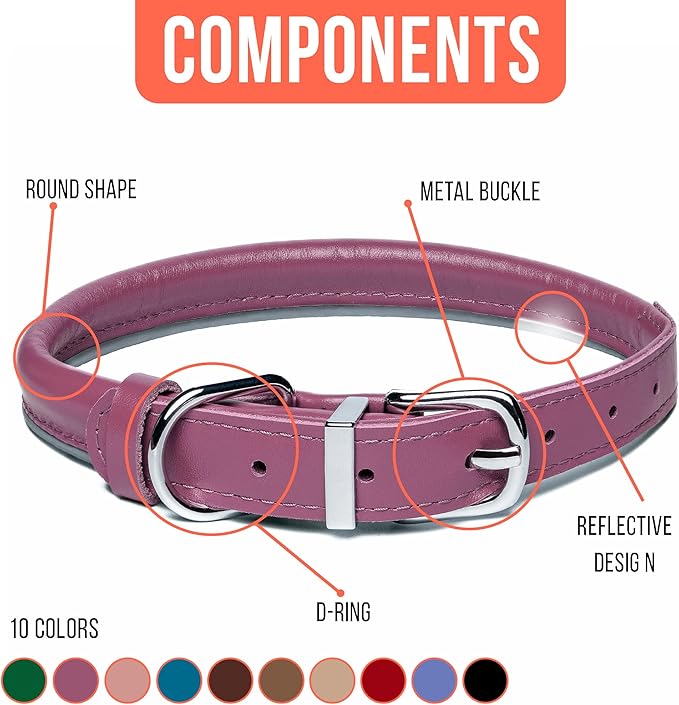 OOPSDOGGY Rolled Leather Dog Collar Reflective Roll Collars for Small Medium Large Dogs Puppy (Fuchsia, XXL, 20'' - 24'')