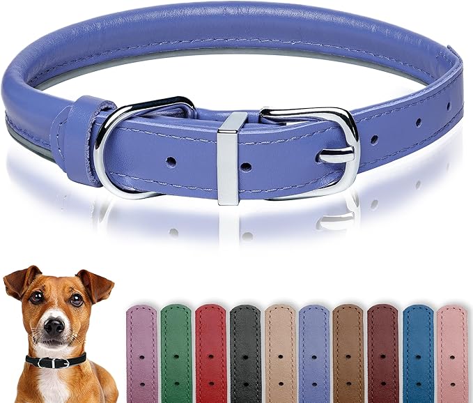 OOPSDOGGY Rolled Leather Dog Collar Reflective Roll Collars for Small Medium Large Dogs Puppy (Blue, XXL, 20'' - 24'')