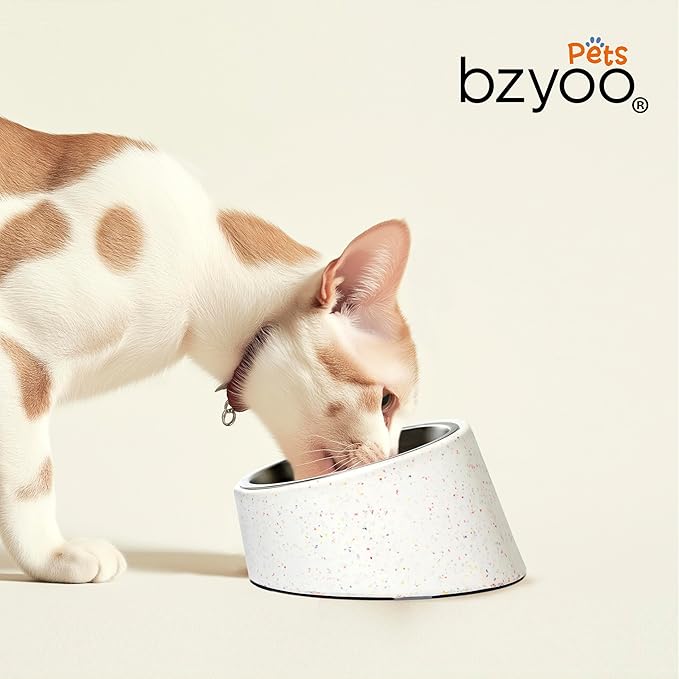 bzyoo 16oz Tilted Dog Bowl for Small Dogs & Cats, 15° Elevated Stainless Steel Pet Feeder, Ergonomic Anti-Vomiting Food Bowl for Frenchie, Pug, Persian Cat, Non-Skid Melamine Stand, Sprinkle (Blue)
