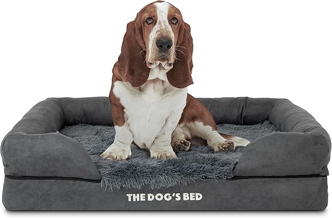 The Dog’s Bed Orthopedic Memory Foam Dog Bed with Bolsters, Fur Fabric, Grey Fur, Large
